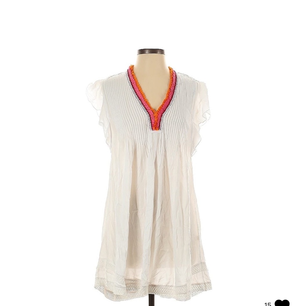 POUPETTE ST BARTH WHITE COLORFUL TRIM SASHA PLEATED FLUTTER SLEEVE MINI DRESS S